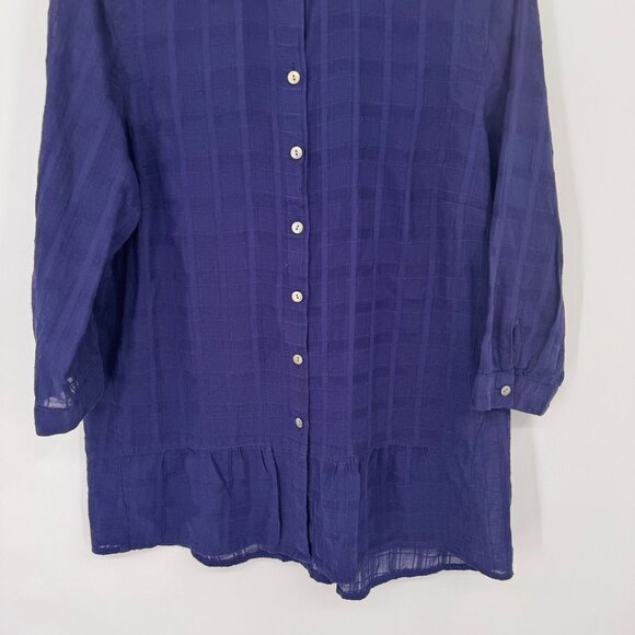 J JILL woman's blouse tunic sheer plaid ruffle hem size large cotton top blue - Picture 6 of 11